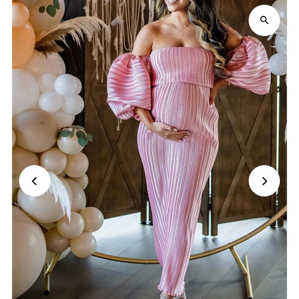 Off-Shoulder Pink Maternity Maxi Dress with Puff Sleeves